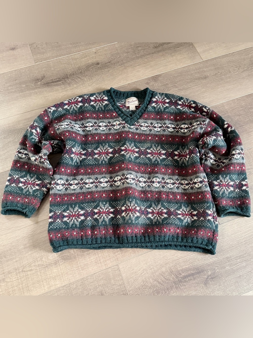 Vintage Woolrich Outwear Sweater Women XL Green Wool VNeck Sweater Fair Isle 90s - Picture 2 of 7